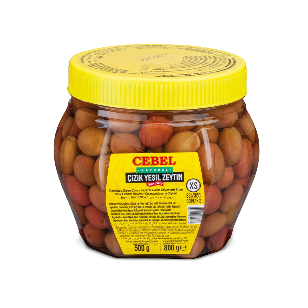 yeşil zeytin çizik xs kalibre 321-350 500 gr pet