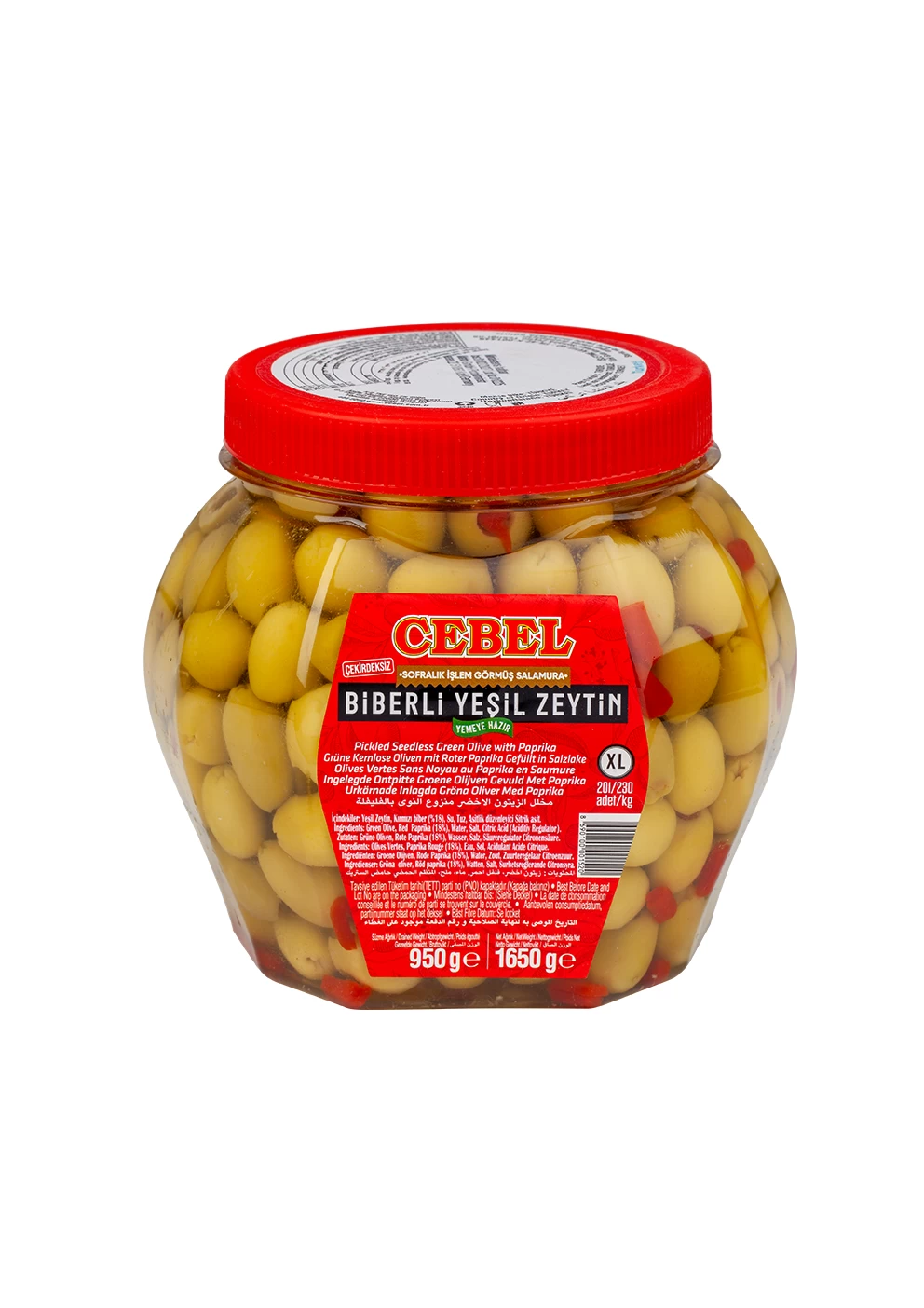 yeşil zeytin biberli xl kalibre 201-230 950 gr pet